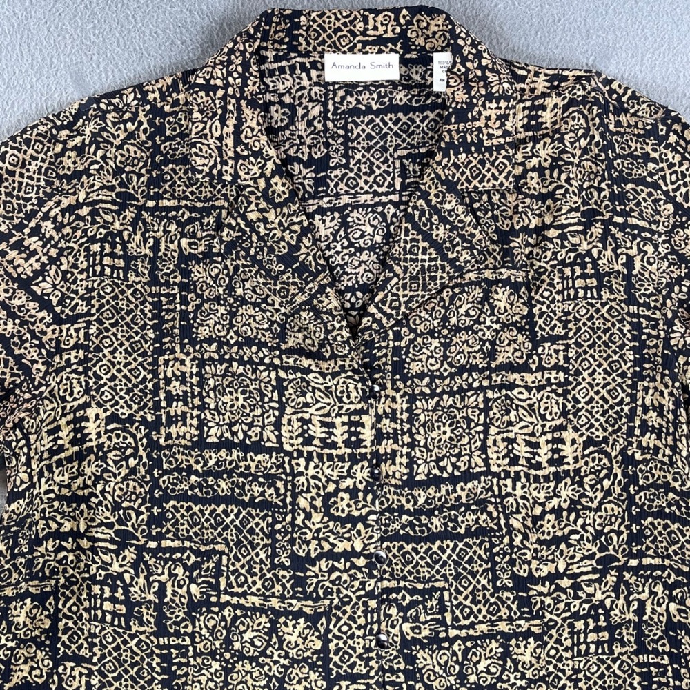 VTG 90s Amanda Smith 100% Silk Button Up Blouse Women Small Boho Geometric Print